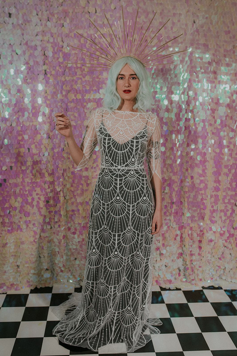A full length lace wedding dress with black-slip dress - Lookbook