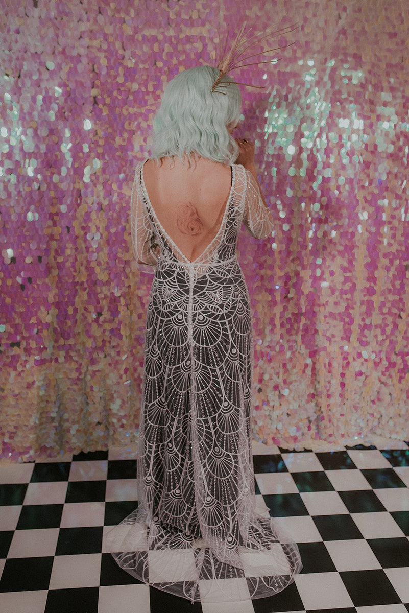 Elegant Great Gatsby inspired wedding dress with a bold black slip dress - Lookbook