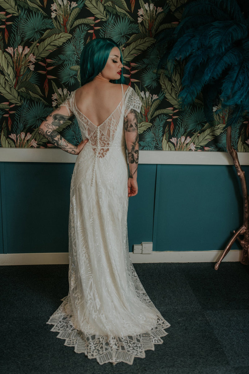 White slip dress with a Great Gatsby inspired vintage lace wedding dress - Lookbook