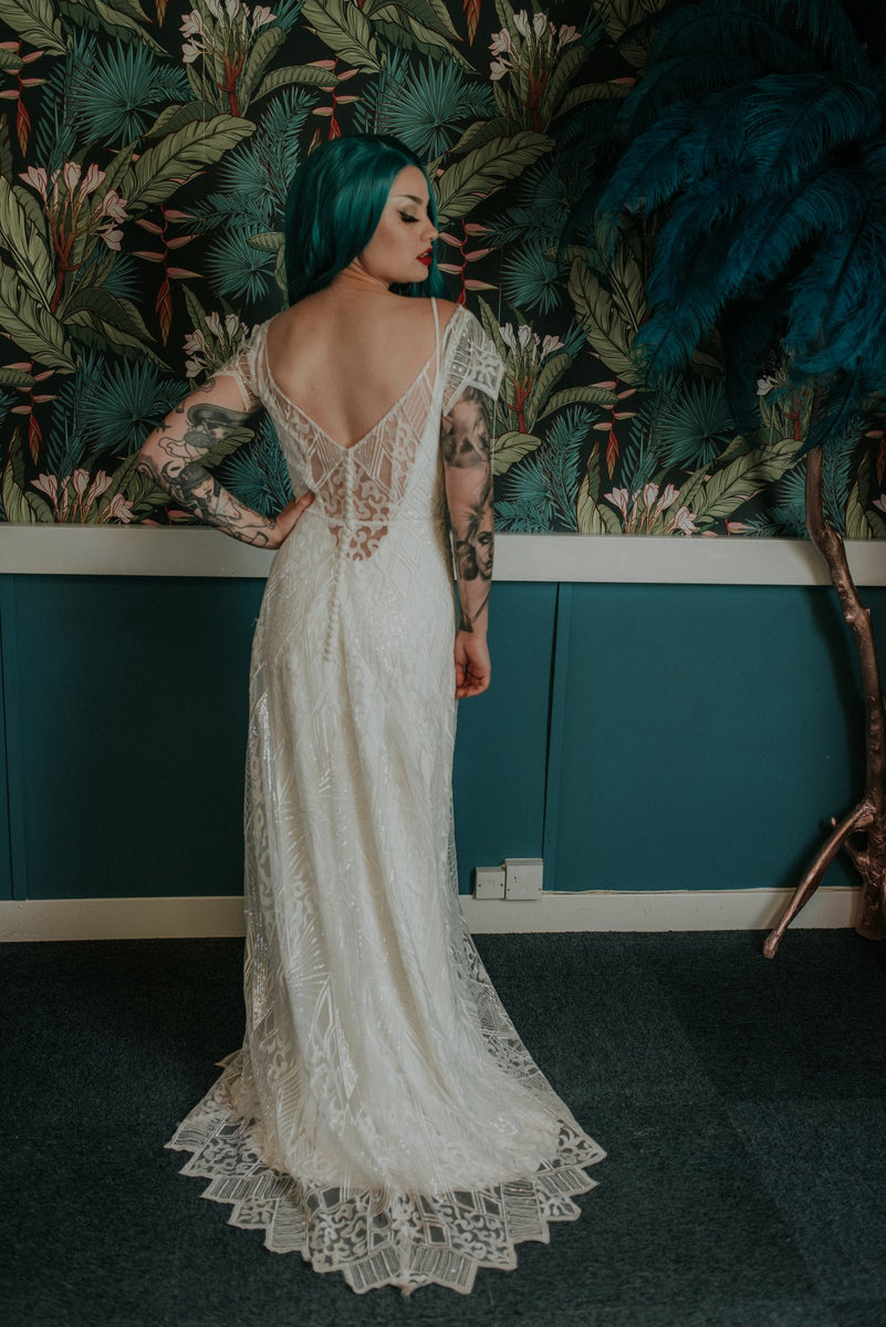 White slip dress with a Great Gatsby inspired vintage lace wedding dress - Lookbook