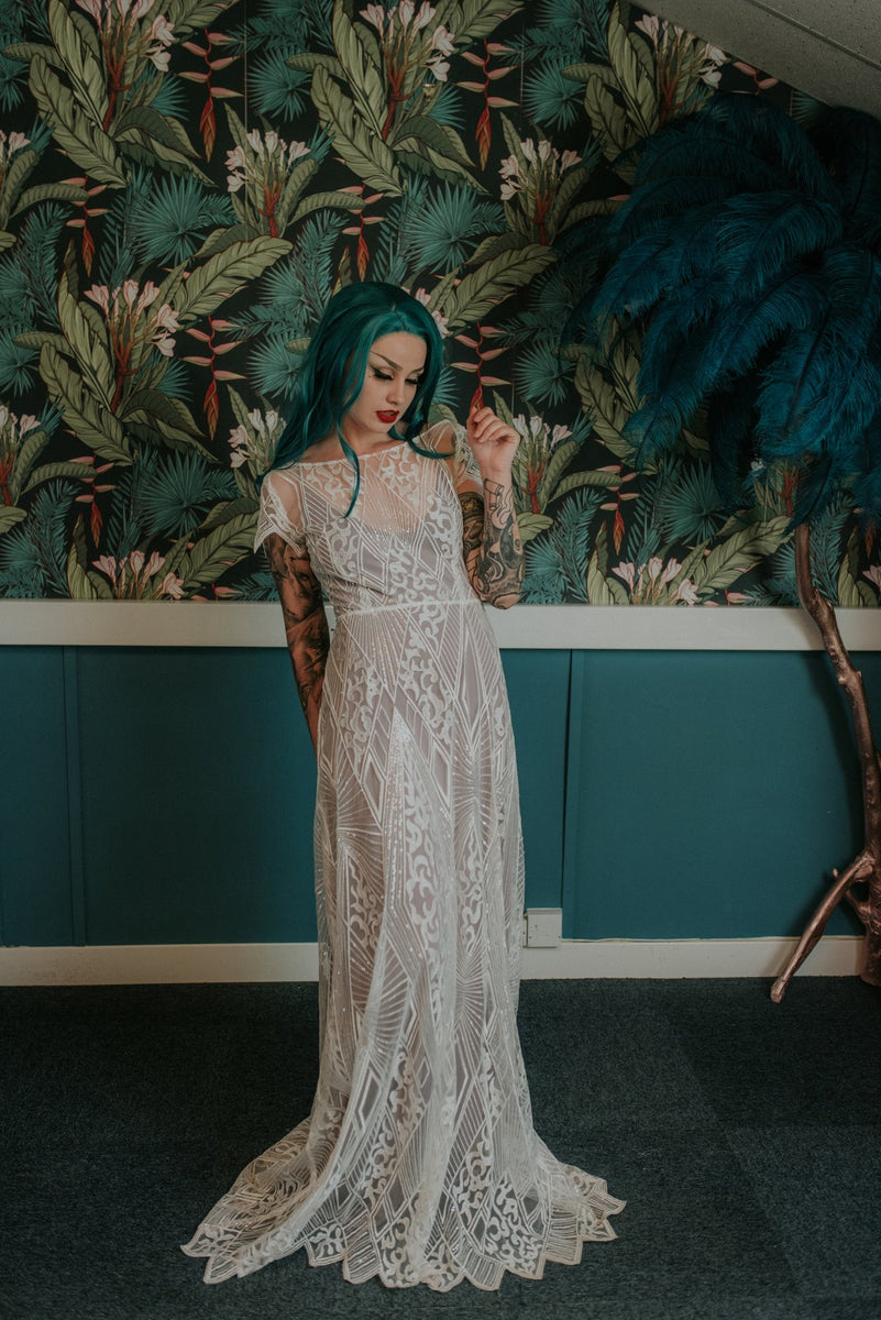 Full length bridal shot showing the delicate vintage inspired style of our Labyrinth wedding dress - Lookbook