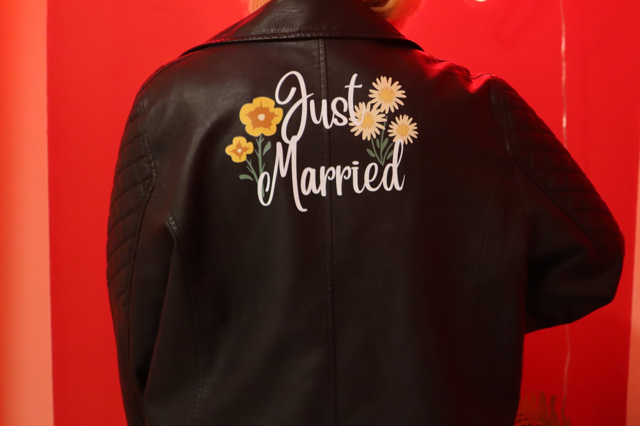 Just Married Flowers Black Faux Leather Jacket - Size 22