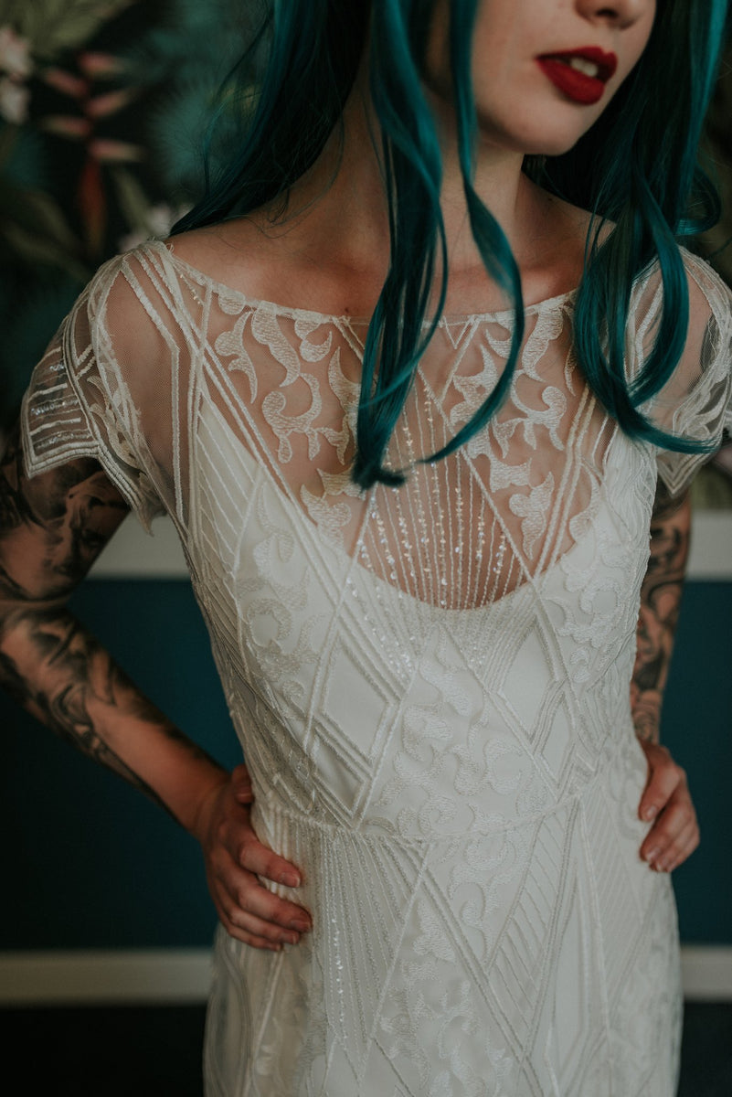 Beautiful front close-up of our Labyrinth wedding dress - Lookbook